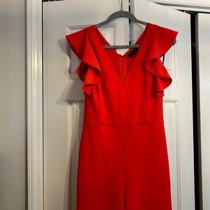 Red formal onesie, wide leg, pockets, flattering fit